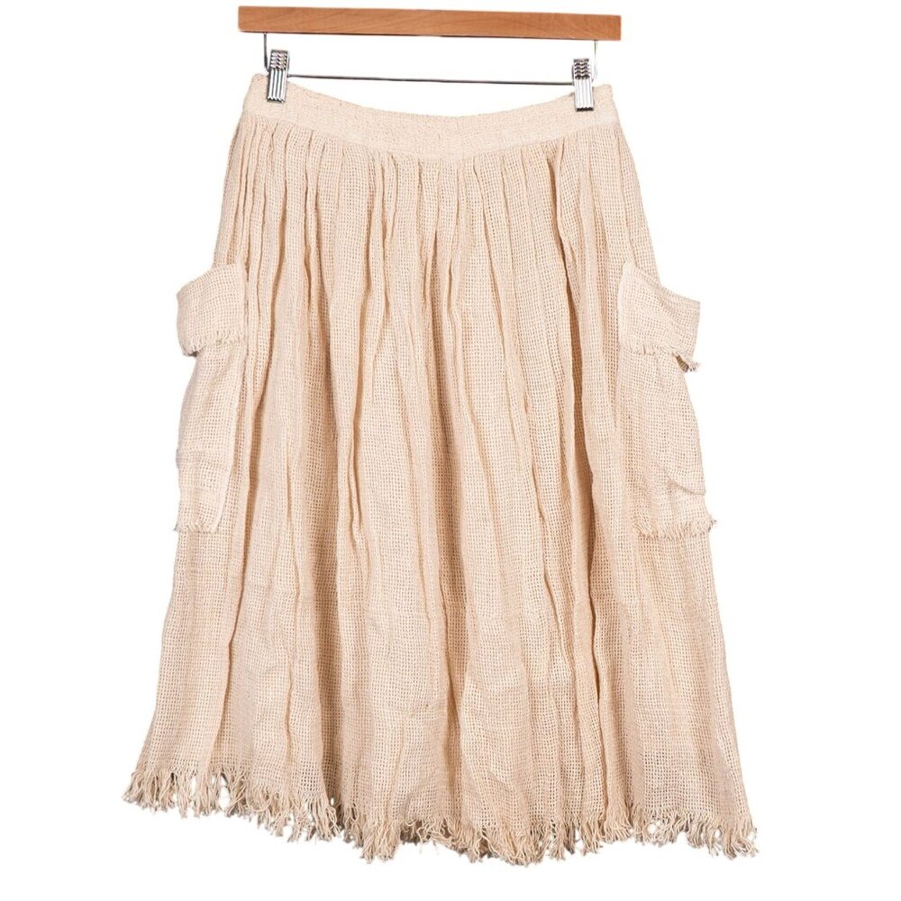 VTG Rattan Skirt 7 Beige Cotton Mesh Pockets Fringe Boho Indie Earthy Peasant
